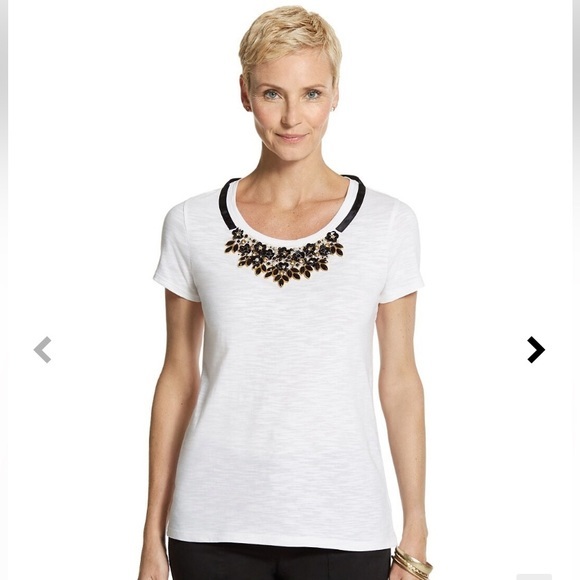 Chico’s Natalia Necklace Tee White Size 1 (M) Beaded‎ Black Bow - Picture 1 of 12